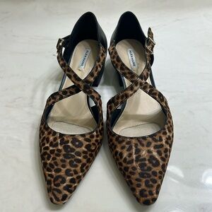 NWOT Alex Marie Black Leather/Leopard Print 1” Pointy Toe Heels & Gold Buckle 7M